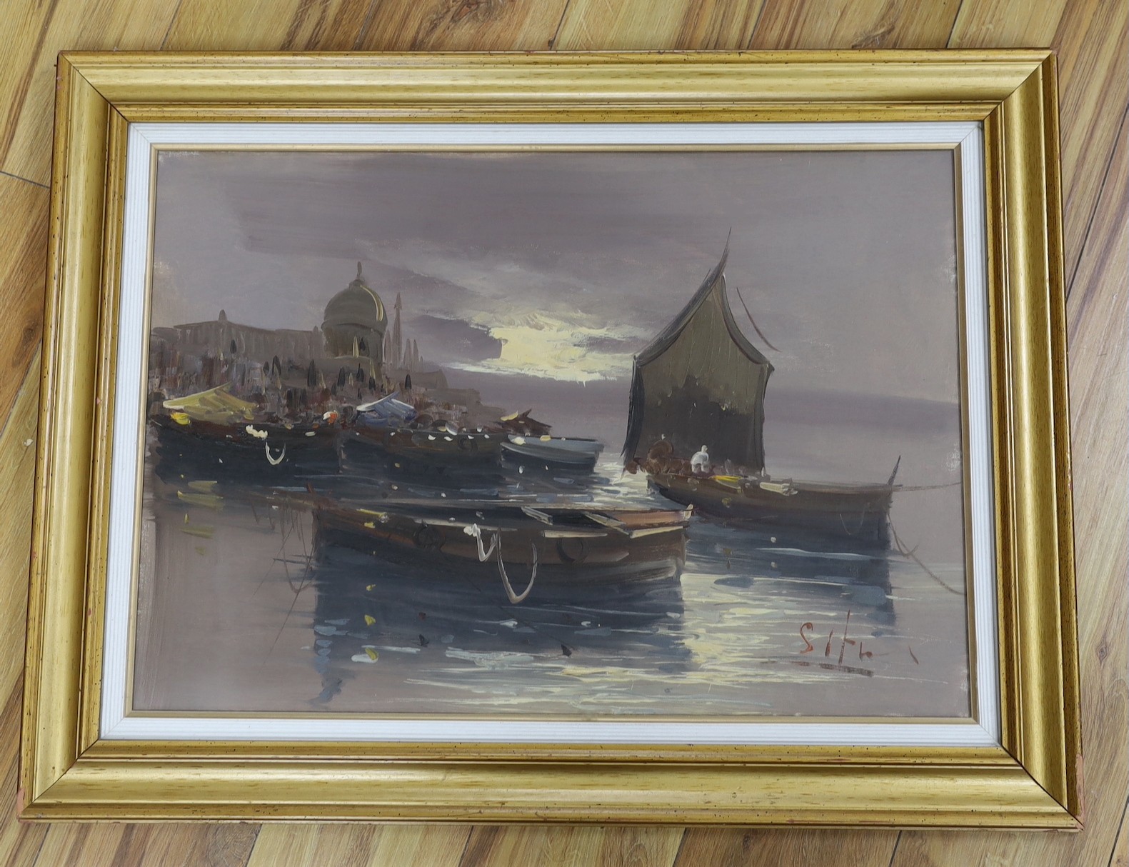 Situ, oil on canvas, Moored boats off the Italian coast, signed, 46 x 66cm